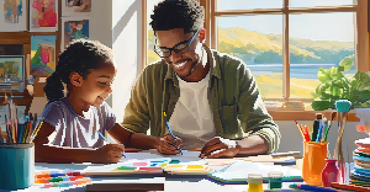 A parent and child collaborating on a homework project at a dining table, with laptops and art supplies in a bright and cheerful room.