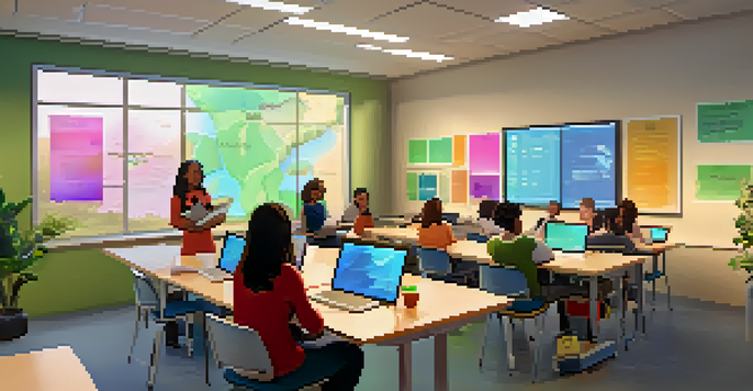 A diverse group of students participating in an online learning session, with a teacher on the screen and educational materials around them.