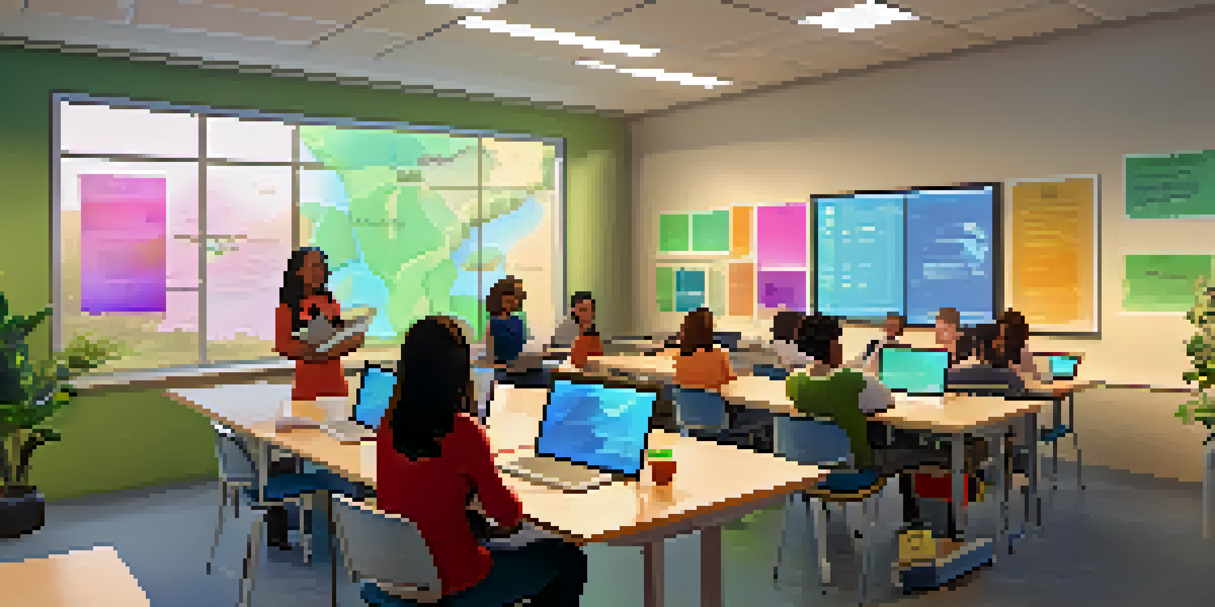 A diverse group of students participating in an online learning session, with a teacher on the screen and educational materials around them.