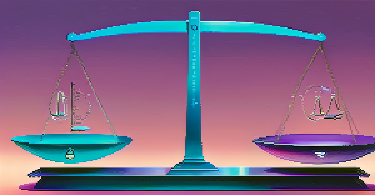 An abstract balance scale representing digital ethics and technology, set against a blue and purple gradient background.