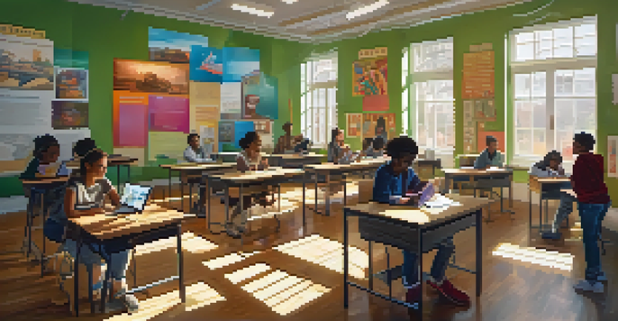 A classroom with diverse students using augmented reality devices, surrounded by colorful educational materials and sunlight shining through the windows.