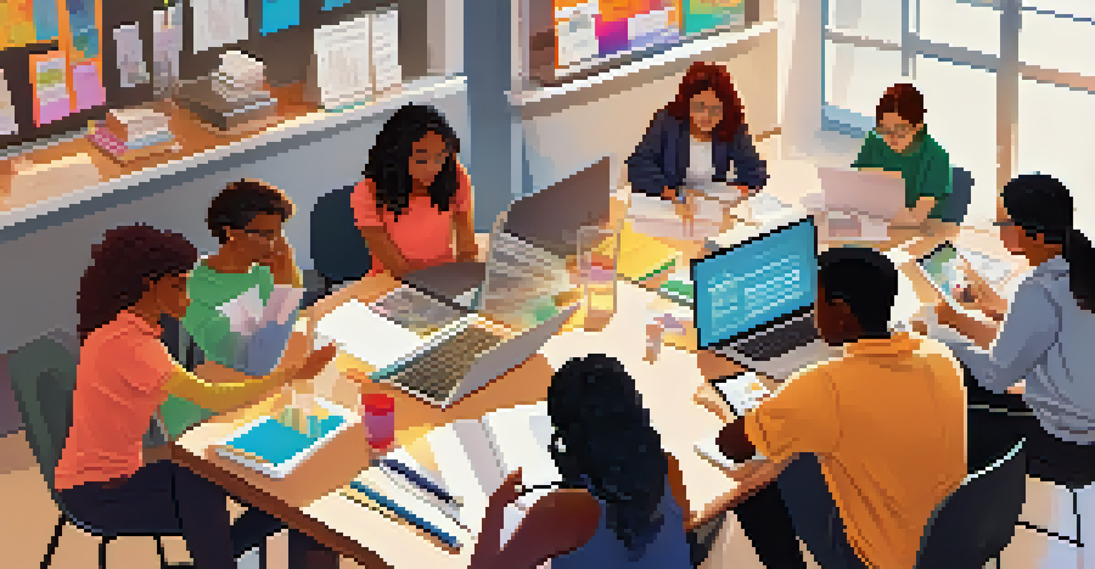 Students collaborating on a project at a table with laptops and notebooks in a bright workspace.