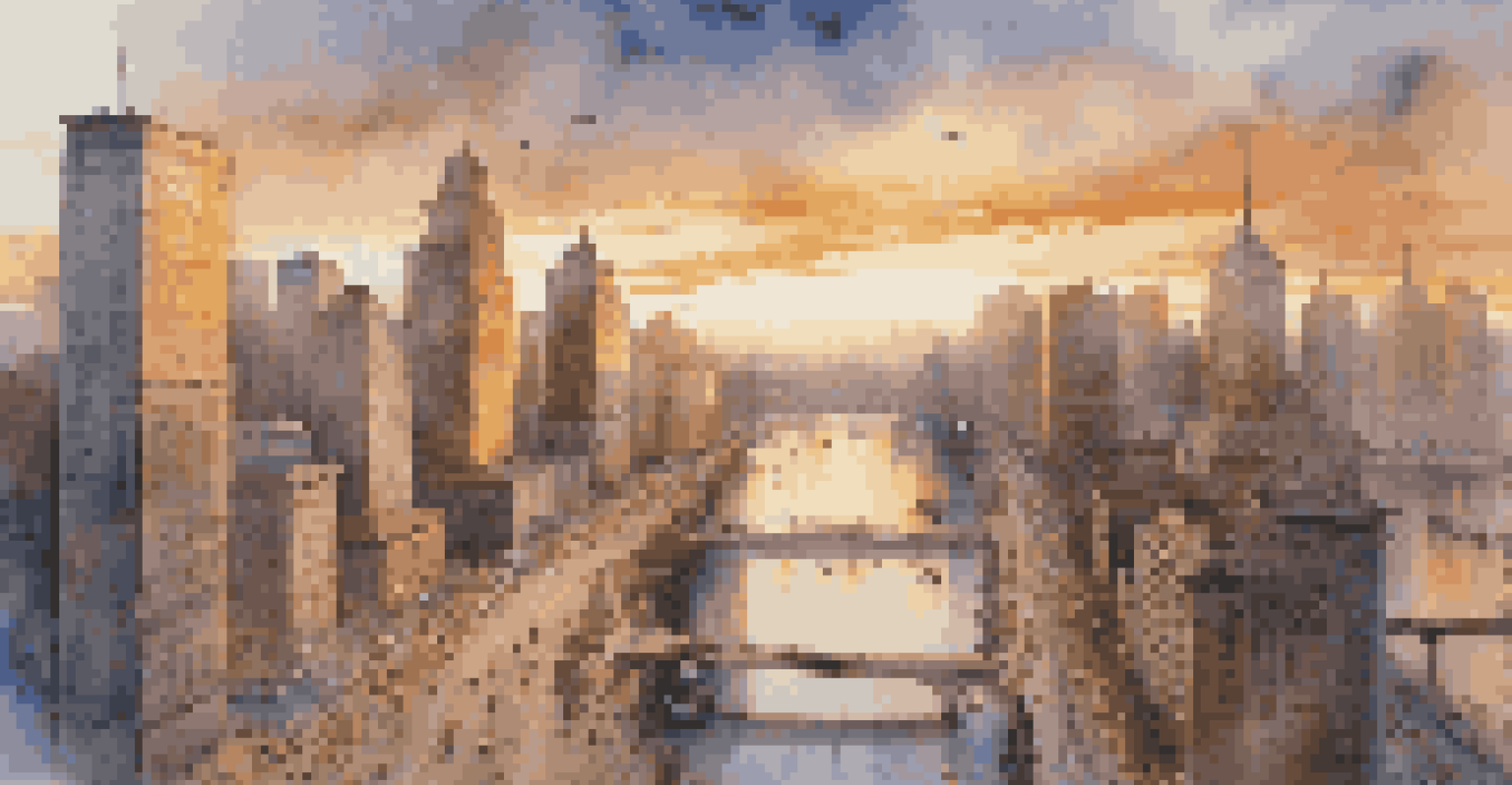 A vibrant cityscape at sunset, showcasing skyscrapers, busy streets, and a shimmering river.