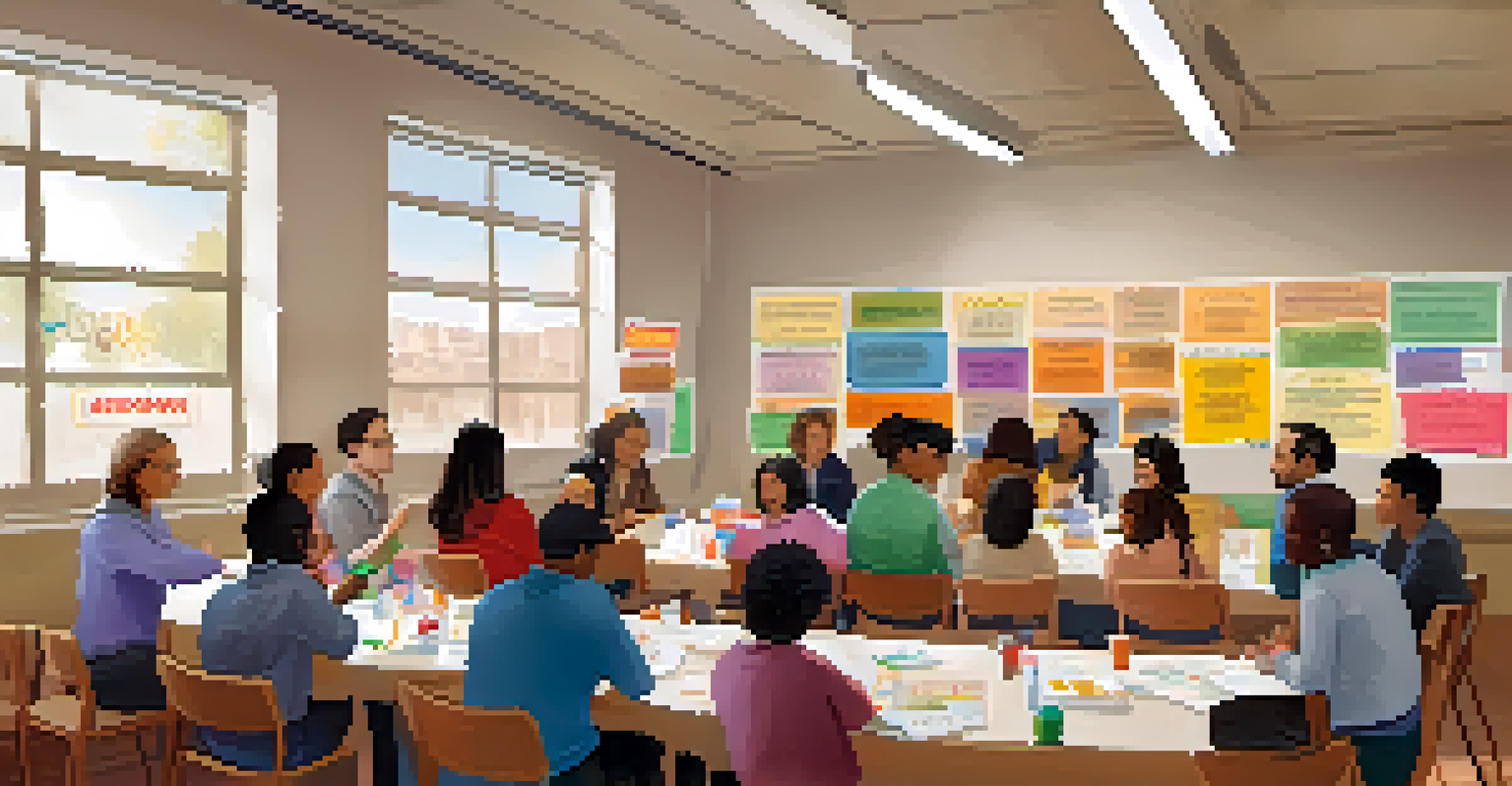 A community workshop with parents and leaders discussing language diversity in a warm, inviting room filled with educational materials.