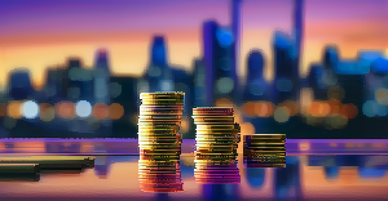 A stack of coins and a graph indicating financial growth against a blurred cityscape at sunset.