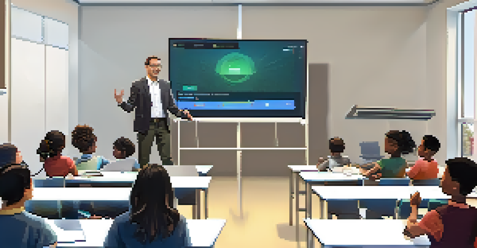 An instructor using a digital screen to teach adult learners in a modern classroom with laptops.