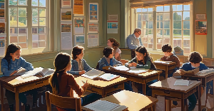 A classroom where students are reading historical fiction and discussing stories with their teacher, illuminated by sunlight.