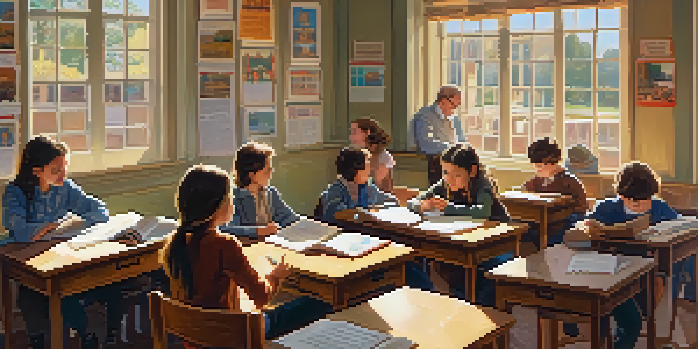 A classroom where students are reading historical fiction and discussing stories with their teacher, illuminated by sunlight.