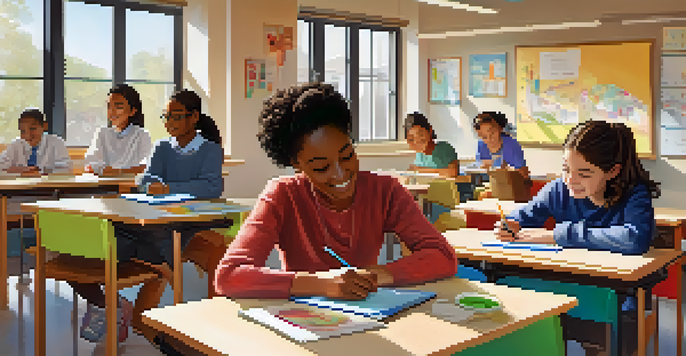 A vibrant classroom filled with students of varying abilities actively participating in learning activities, with a supportive teacher present.