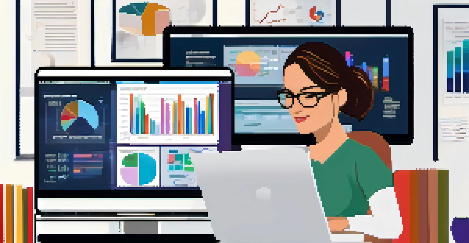 An educator in a cozy office reviewing student engagement data on a laptop, surrounded by books and colorful graphs on the screen.