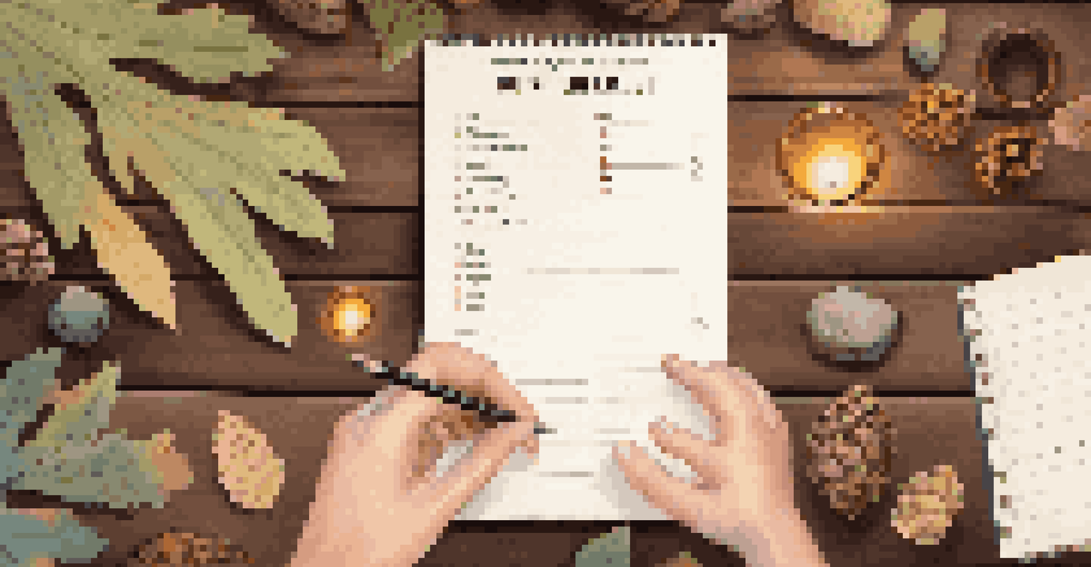 A rustic table with a scavenger hunt checklist, natural items, and a notebook being written in.