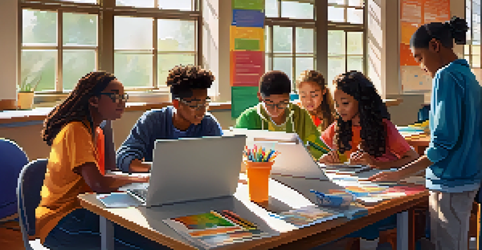 A colorful classroom with diverse students collaborating on a project, surrounded by learning materials and sunlight.