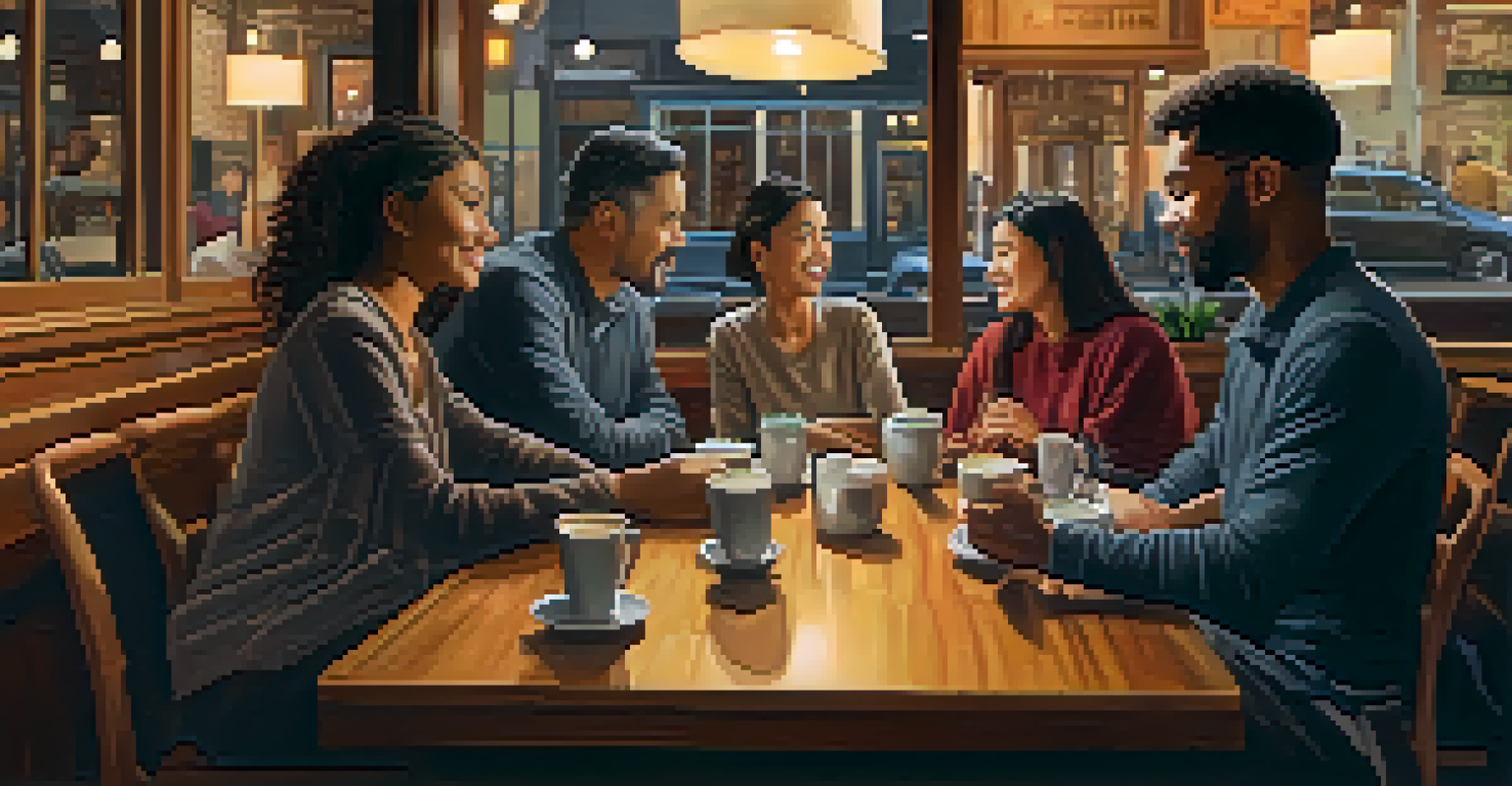 A cozy coffee shop scene with people of different ethnicities engaged in conversation, surrounded by warm lighting and wooden decor.