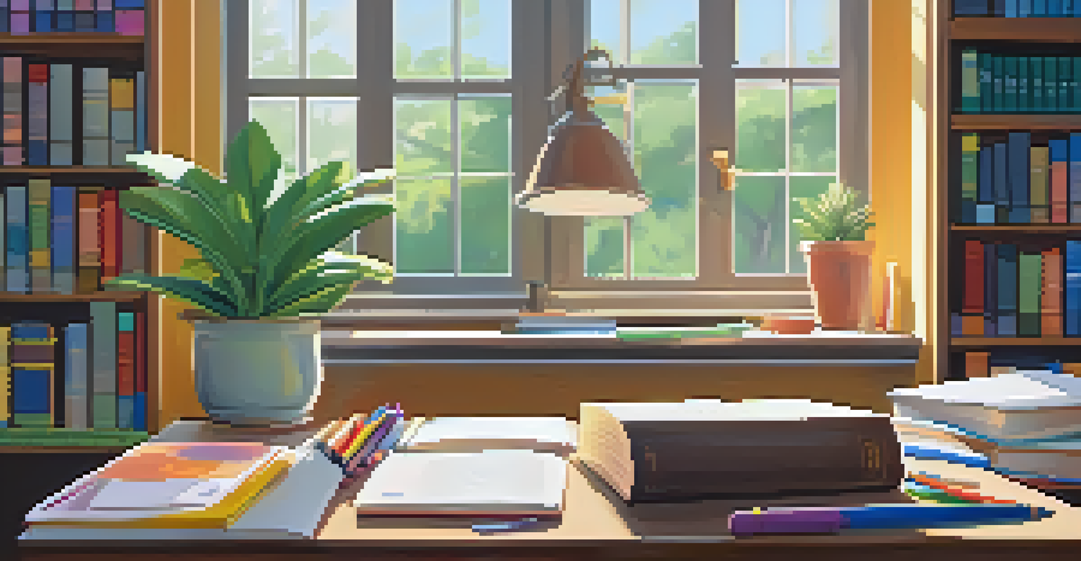 A cozy study area with a wooden desk full of books and stationery, illuminated by soft morning light from a window.