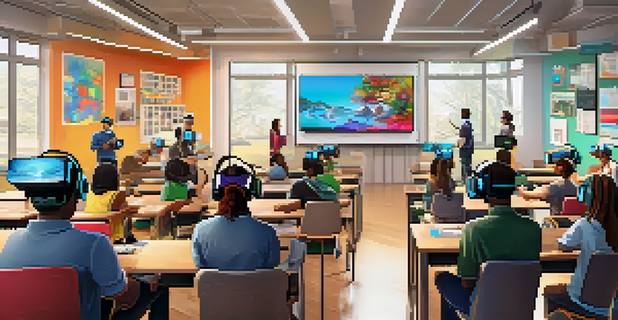 A diverse group of students in a modern classroom using virtual reality headsets to engage in ethical decision-making scenarios.