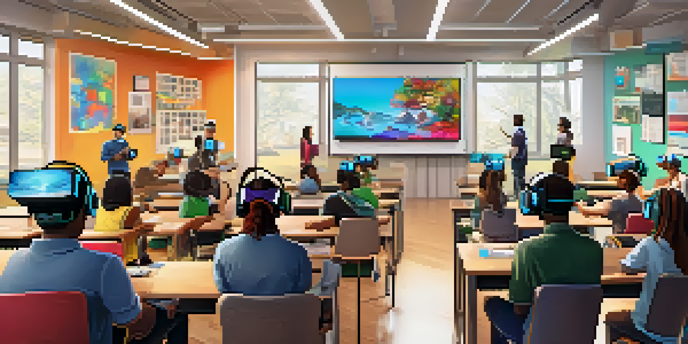 A diverse group of students in a modern classroom using virtual reality headsets to engage in ethical decision-making scenarios.