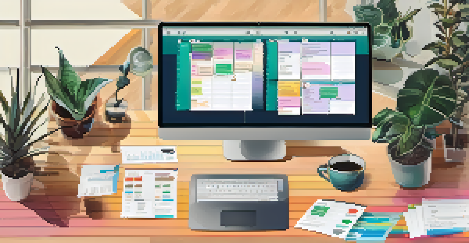 An overhead view of a computer screen showing a digital project management tool with colorful task cards.
