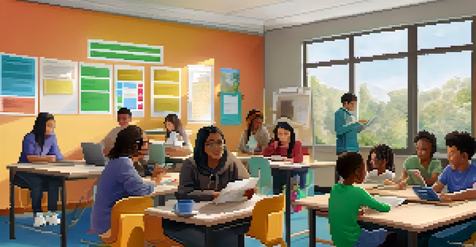 A diverse group of students in a bright classroom using laptops and tablets, engaged in blended learning with a teacher facilitating a discussion.