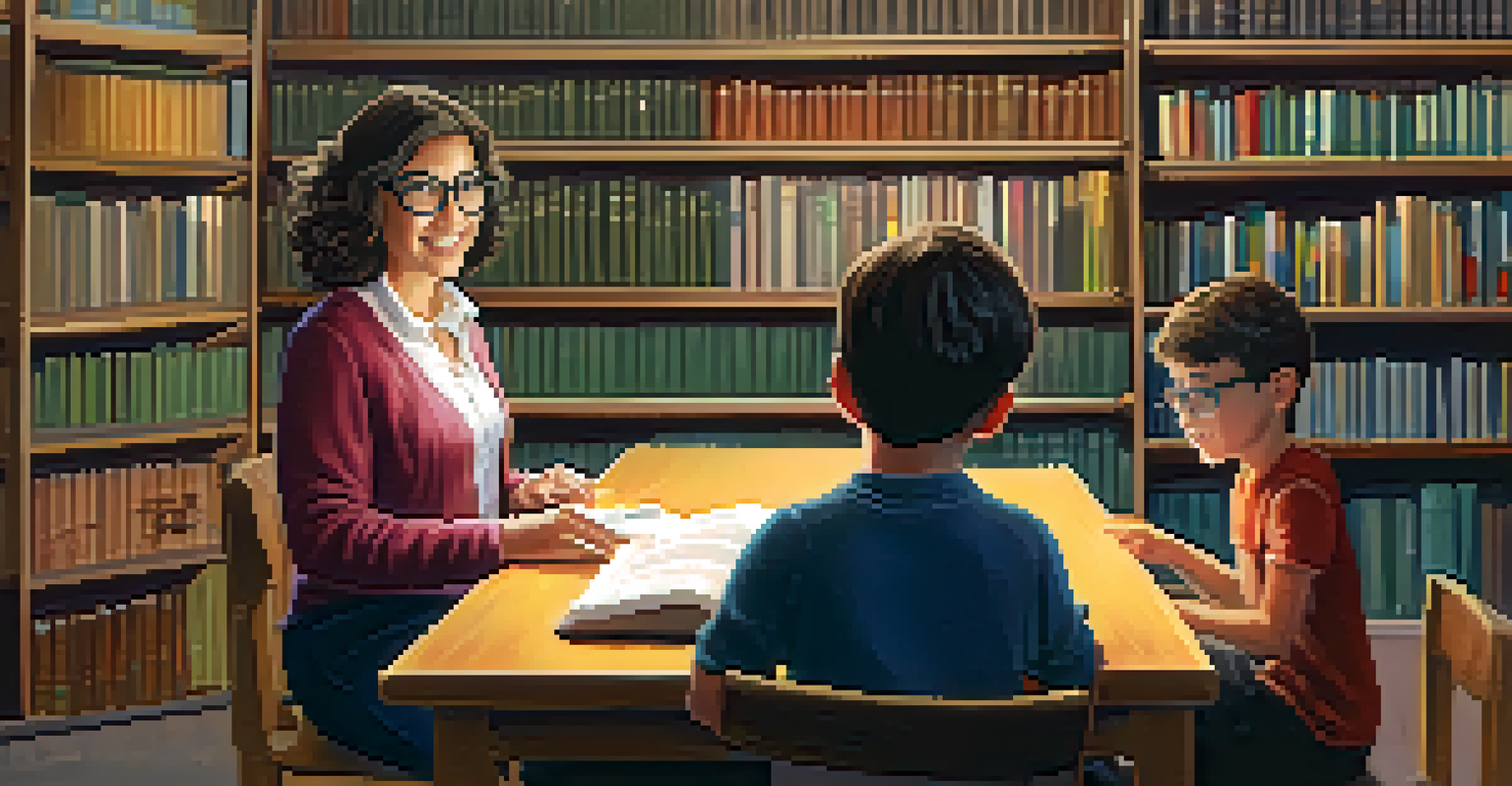 A teacher giving feedback to a student in a library, surrounded by books and warm lighting.