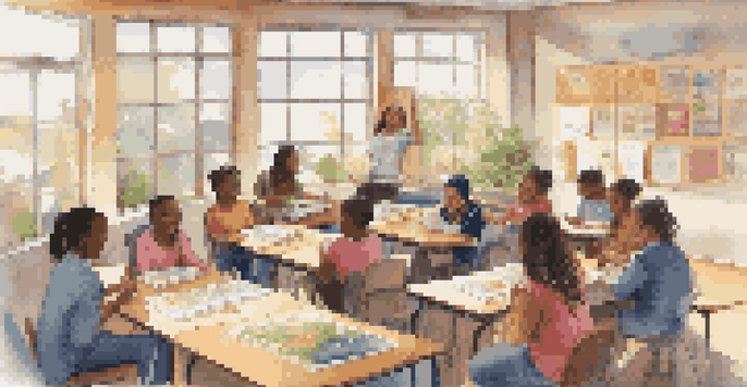 A diverse group of students working together on a project in a colorful classroom, highlighting collaboration and inclusion.