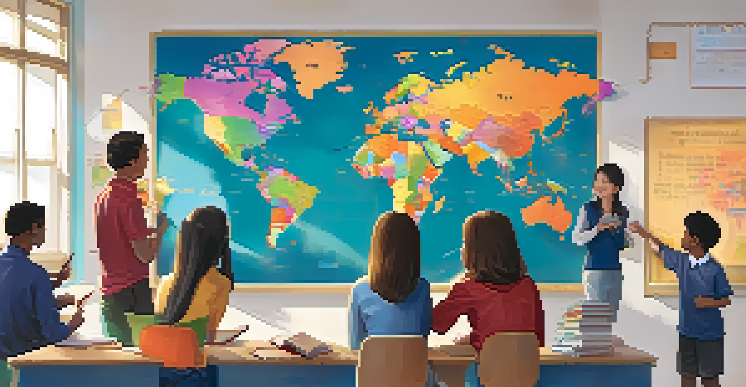 A classroom with diverse students learning a language, collaborating with textbooks and a world map in the background.