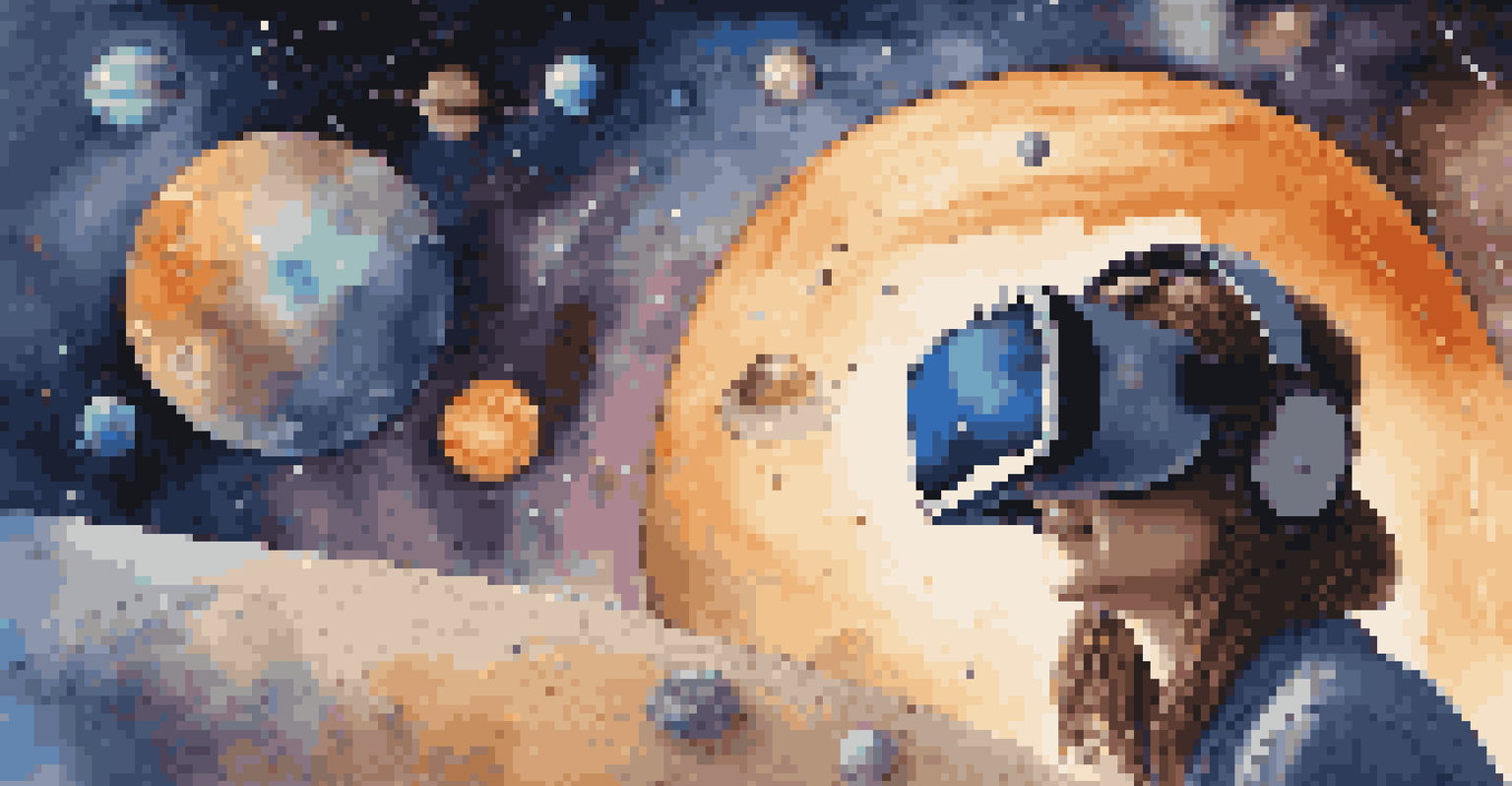 A student in virtual reality exploring the solar system, floating among colorful planets with a starry background, wearing a VR headset.