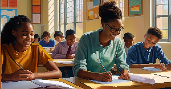 A classroom filled with diverse students collaborating on a project, a teacher observing warmly, and colorful emotional intelligence posters on the walls.