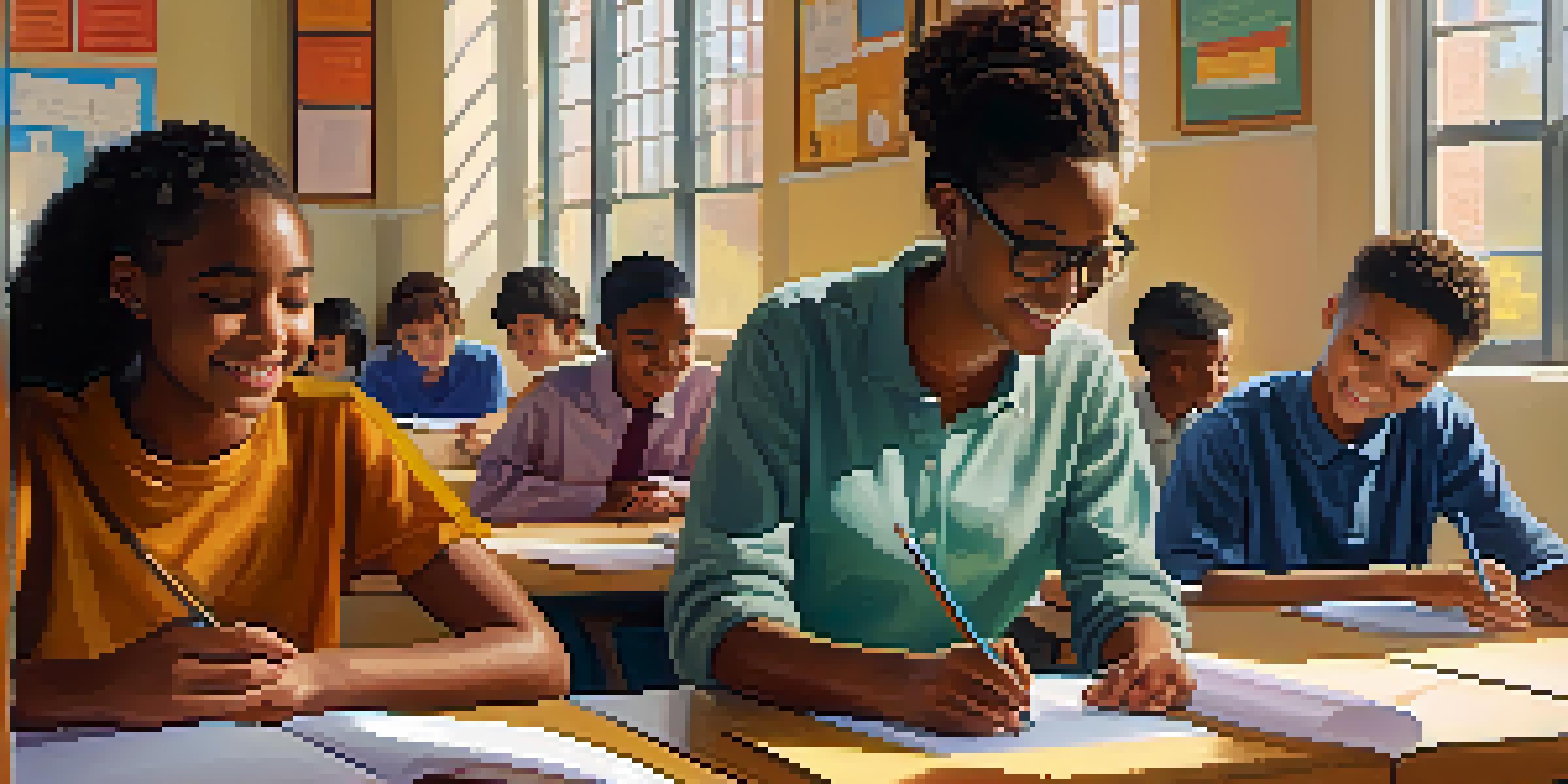 A classroom filled with diverse students collaborating on a project, a teacher observing warmly, and colorful emotional intelligence posters on the walls.