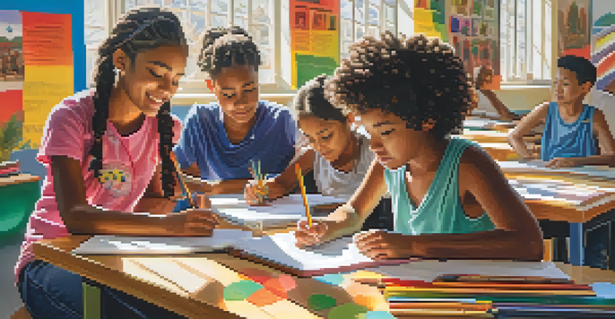 A diverse group of students working together in a vibrant classroom filled with art supplies and cultural decorations, illuminated by sunlight.