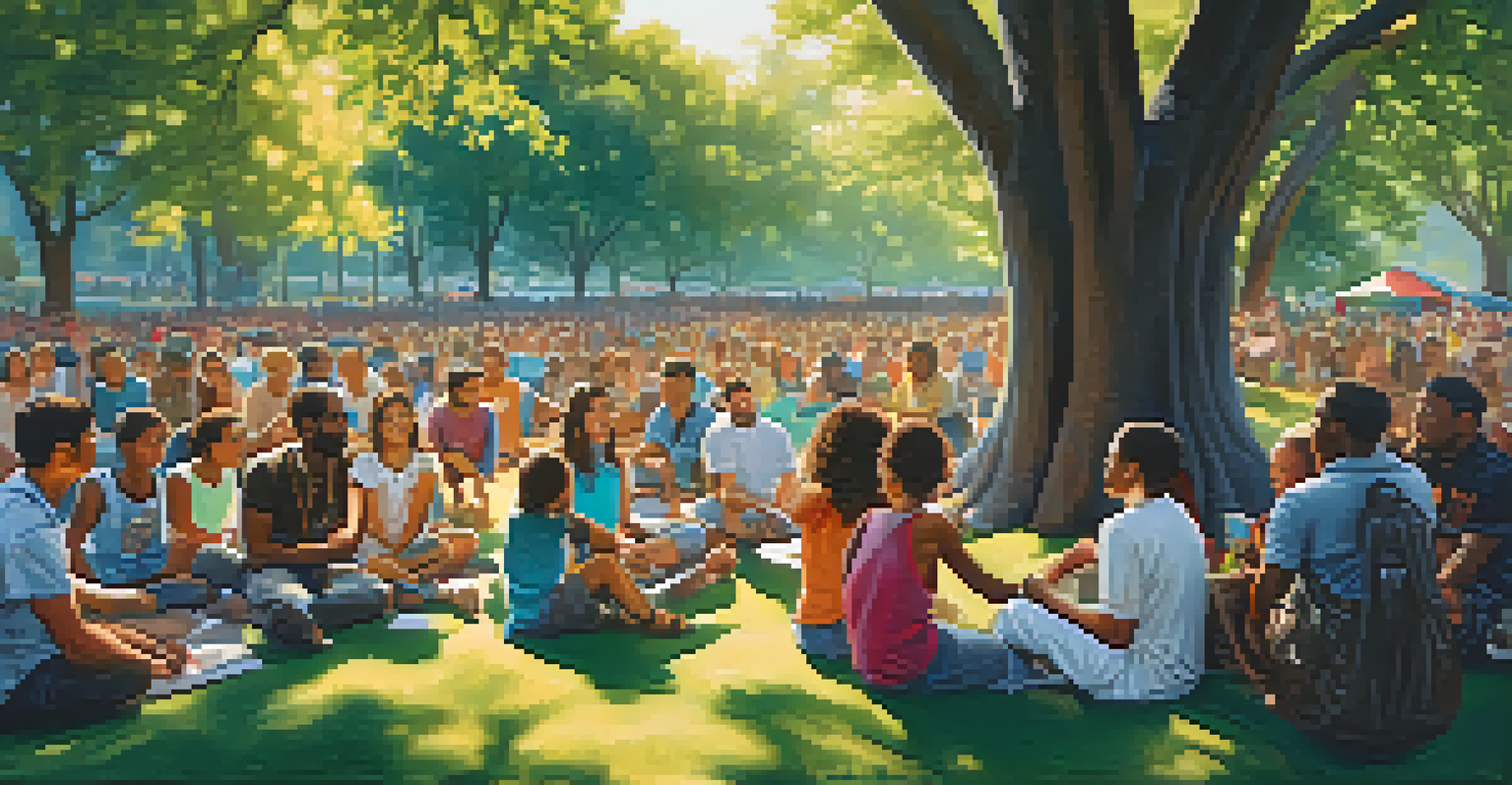 A community gathering in a park where people share stories about social causes, surrounded by colorful banners and warm sunlight.