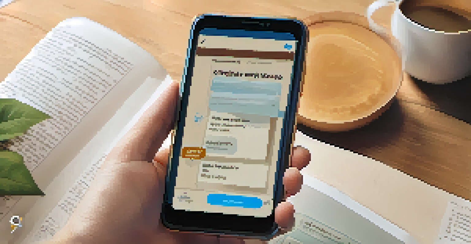 A close-up of a smartphone screen showing a language learning app with visual aids, set against a cozy study background.