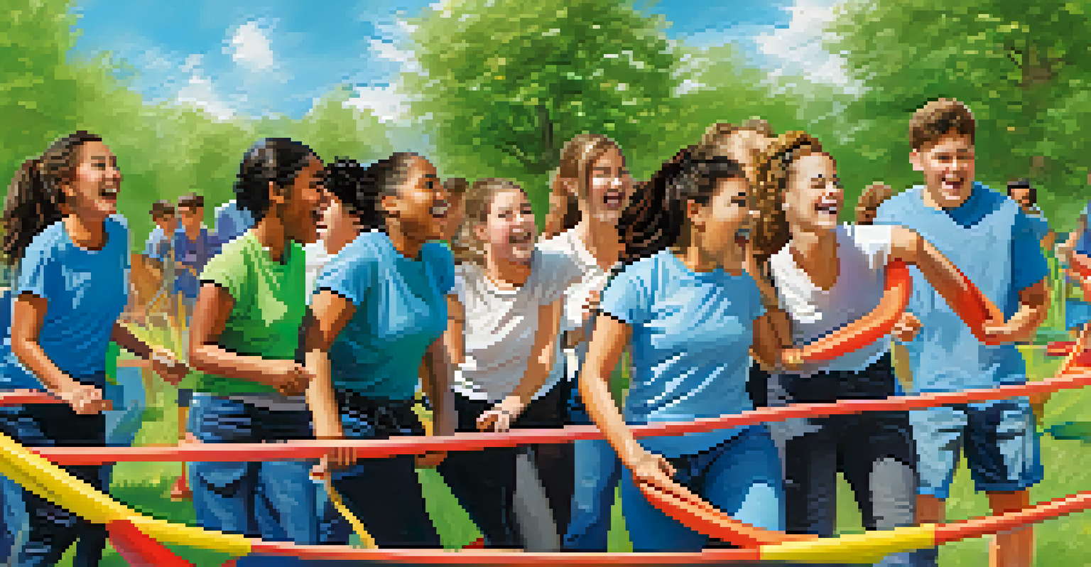 Special needs students engaging in a team-building game outdoors, navigating an obstacle course with laughter and collaboration under a clear sky.