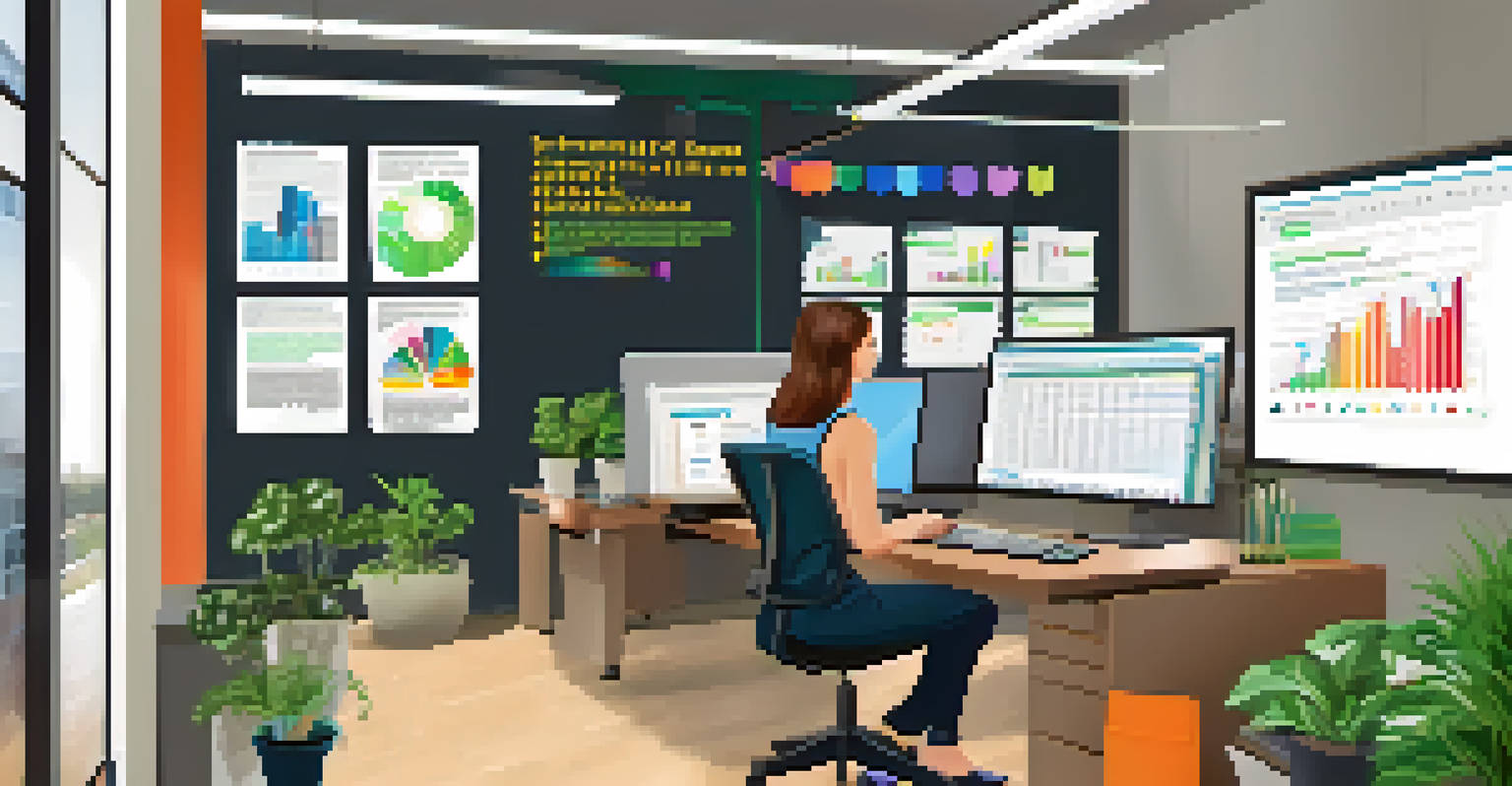 An educator in a modern office analyzing colorful graphs and charts on a computer screen, surrounded by books and plants.