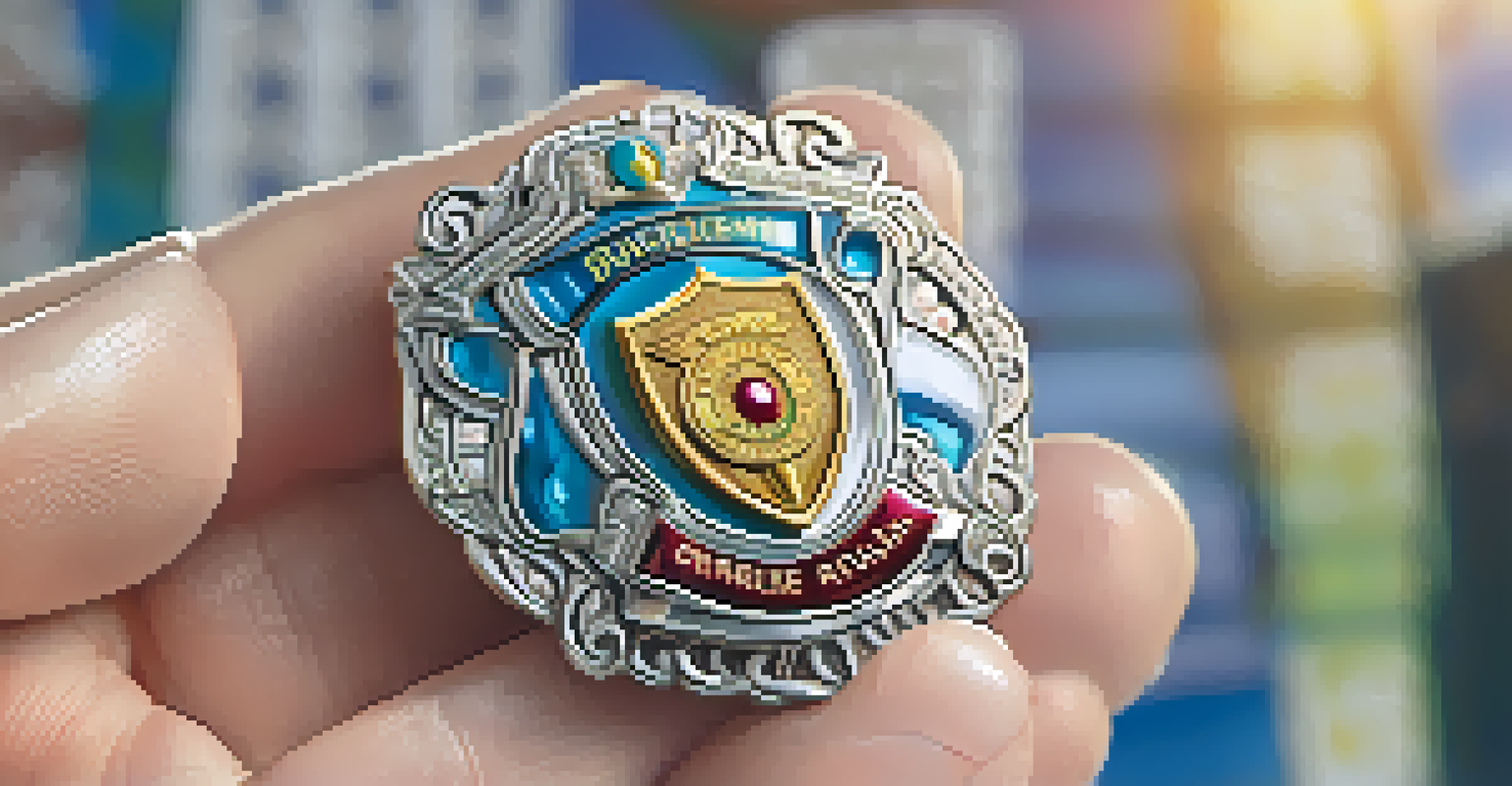 A close-up of a hand holding a shiny Open Badge, with a blurred background emphasizing the badge's design.