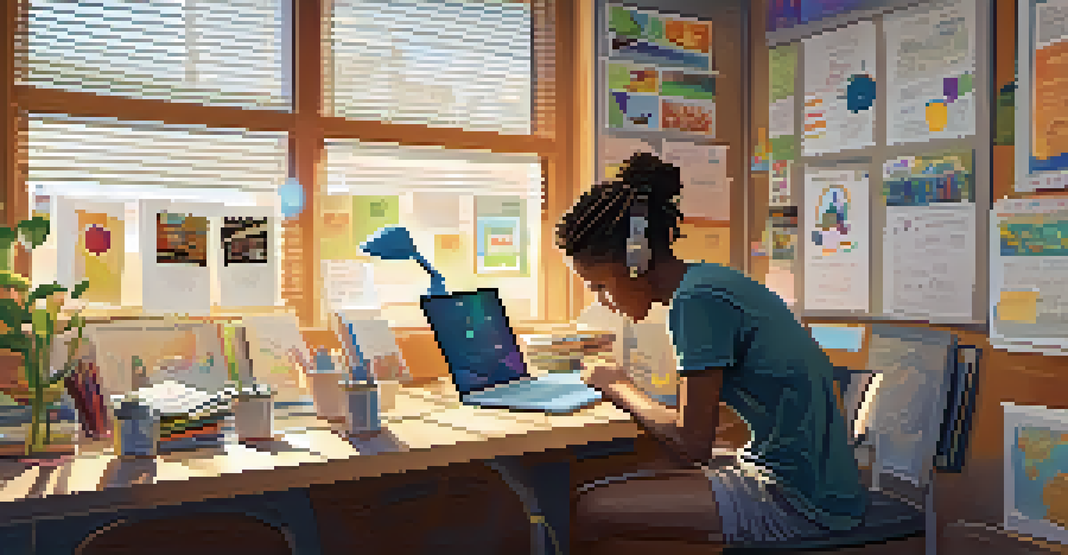 A person at a desk using a laptop with textbooks and notebooks around, in a well-lit room with motivational posters.