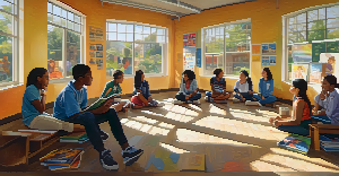 A diverse group of students in a circle discussing in a brightly lit classroom with cultural decorations.