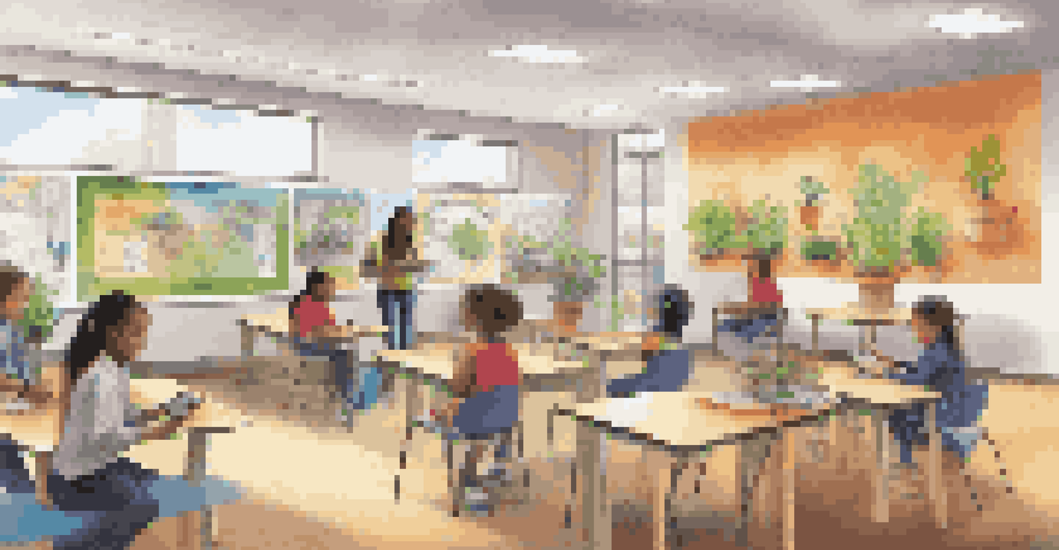 A technology-integrated classroom with students using tablets and smart boards, vibrant educational posters on the walls, and areas with bean bags and plants.