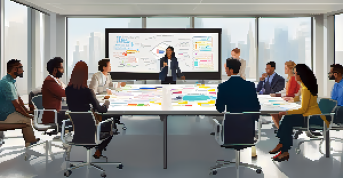 A diverse group of professionals collaborating around a conference table with a whiteboard filled with notes.