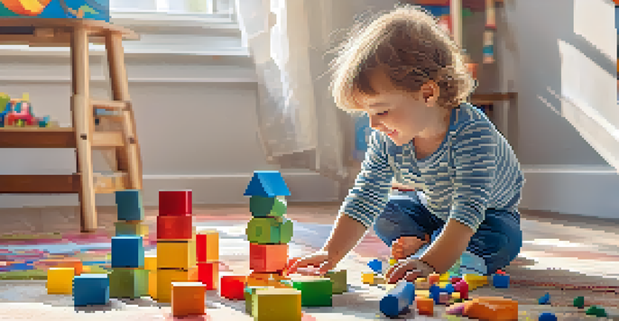 A child focused on building a tower with wooden blocks in a cheerful playroom filled with sunlight.