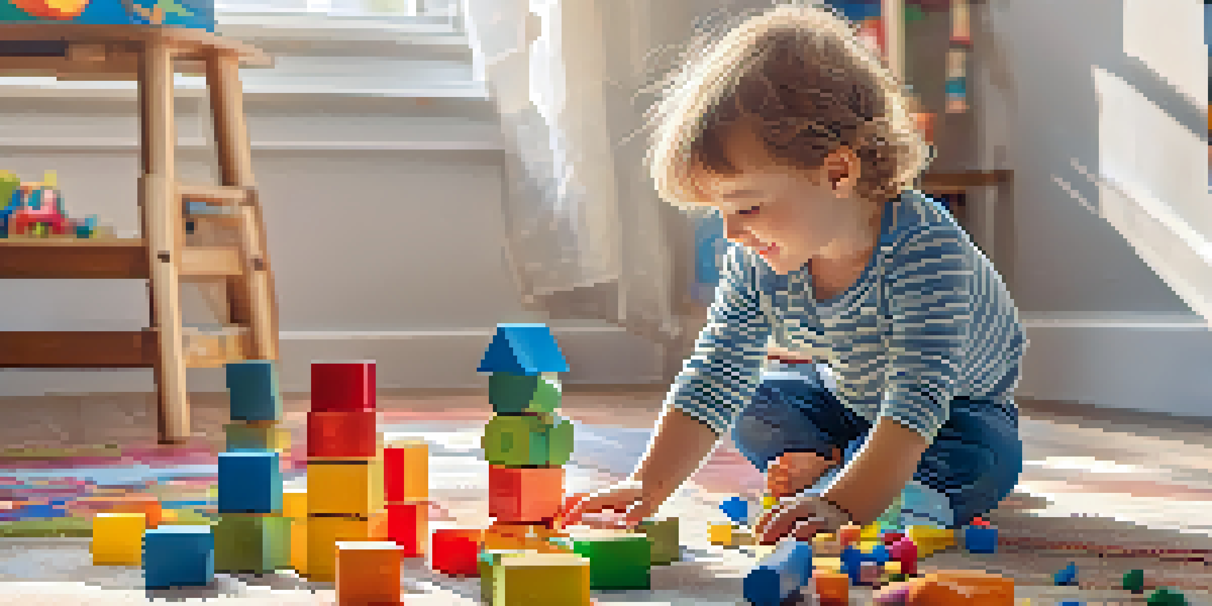 A child focused on building a tower with wooden blocks in a cheerful playroom filled with sunlight.