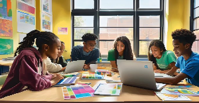 A group of students working together at a table with laptops in a bright classroom, showcasing collaboration and technology use.