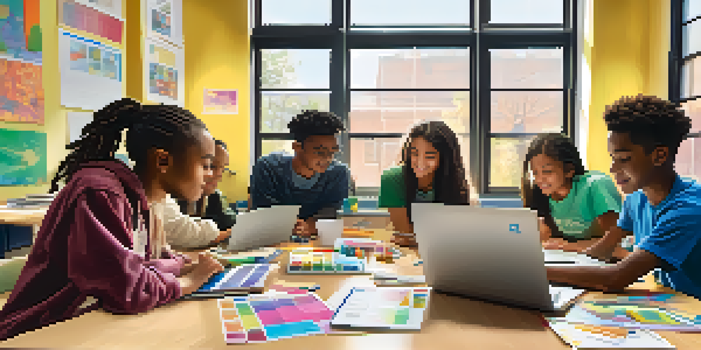 A group of students working together at a table with laptops in a bright classroom, showcasing collaboration and technology use.