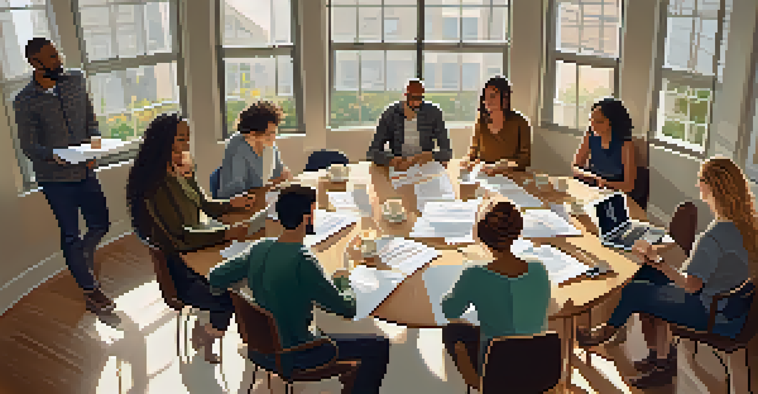 Volunteers brainstorming ideas around a table for a community event, surrounded by papers and laptops in a bright room.