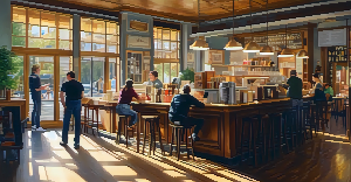 A cozy café filled with people chatting, a barista making drinks, and sunlight illuminating the space, creating a warm atmosphere.