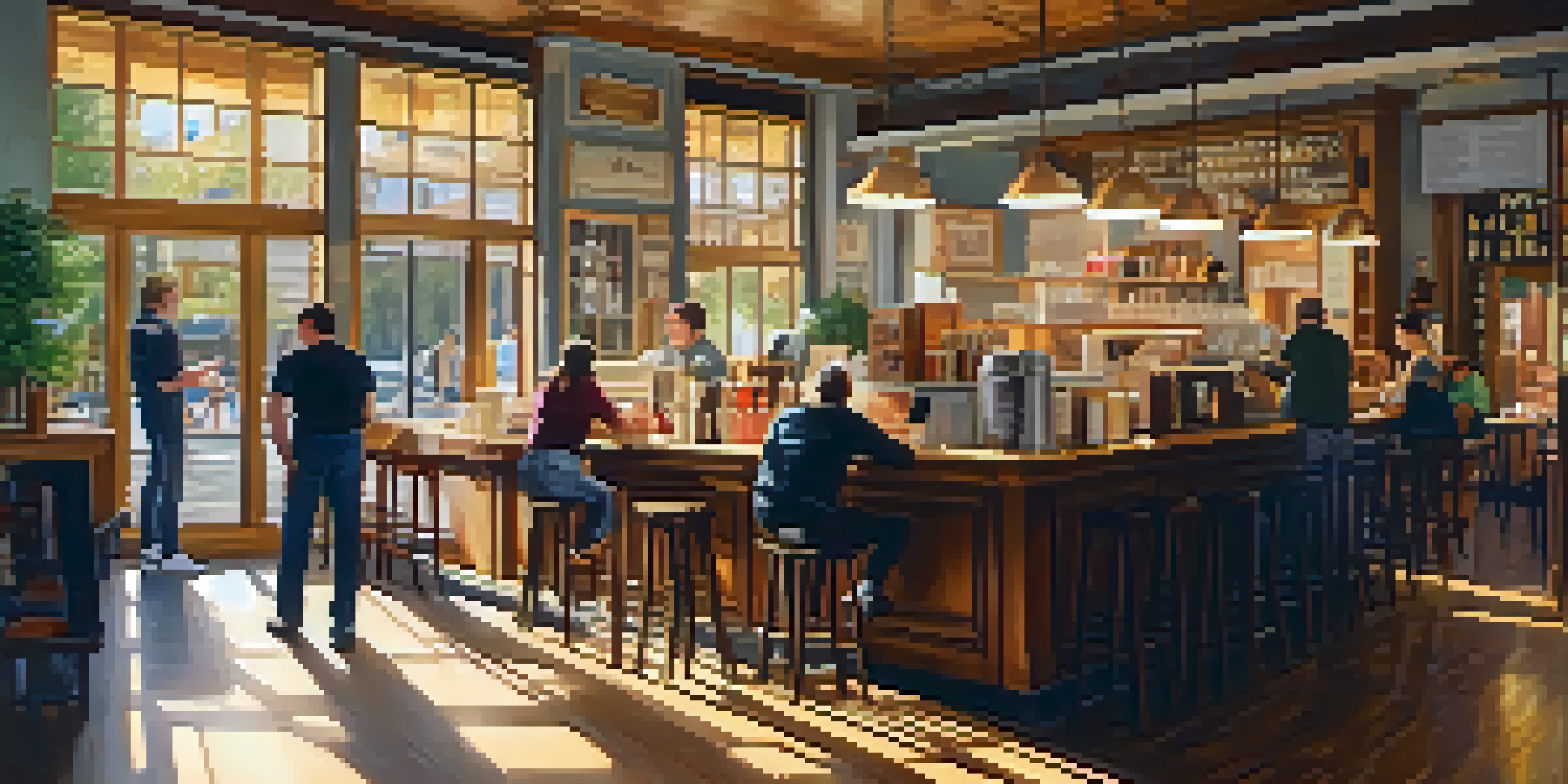 A cozy café filled with people chatting, a barista making drinks, and sunlight illuminating the space, creating a warm atmosphere.