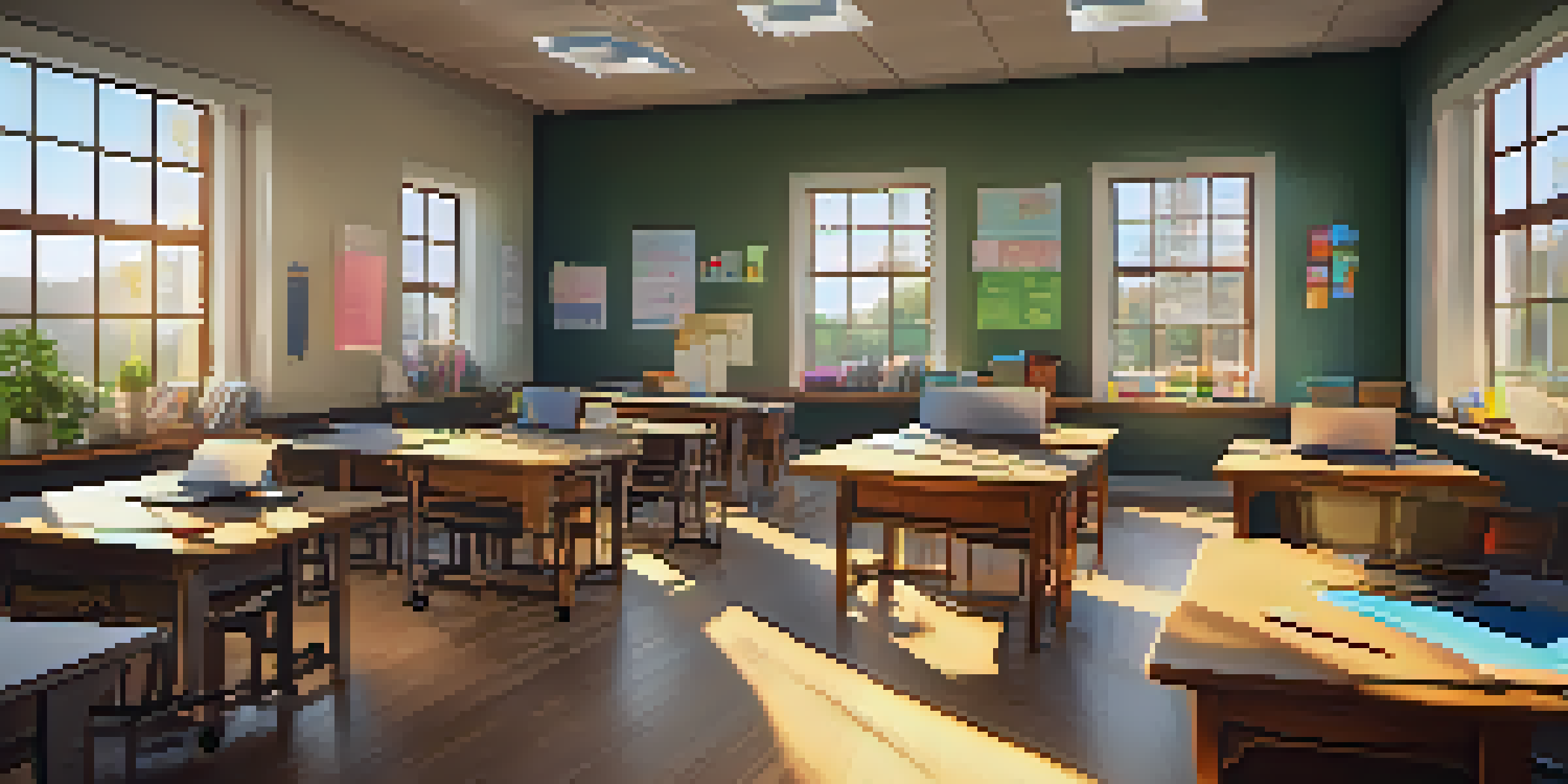 A cozy classroom with wooden desks and laptops, filled with diverse students collaborating under warm sunlight.