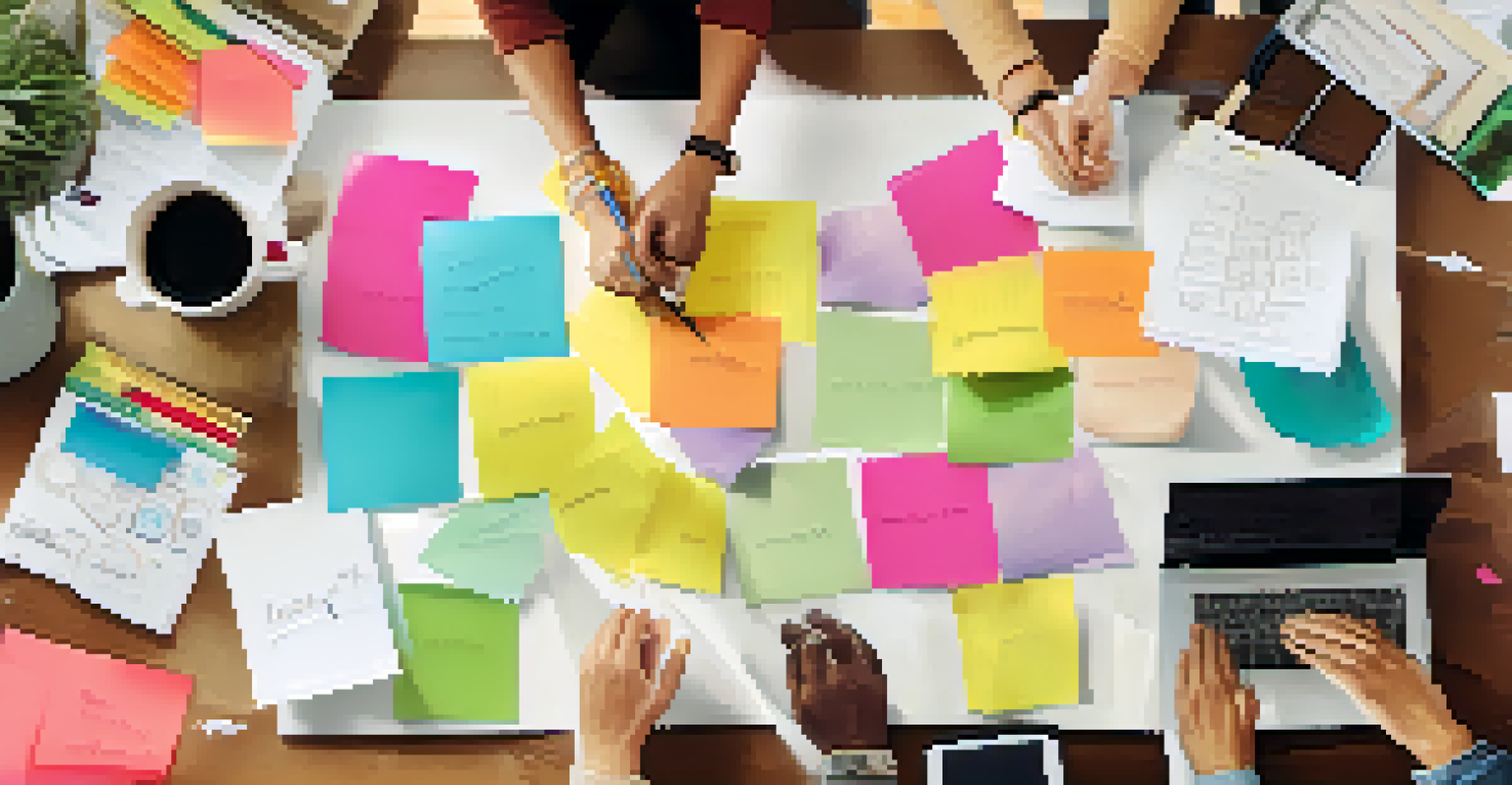 A close-up of diverse hands collaborating on a project with sticky notes and a laptop on the table.