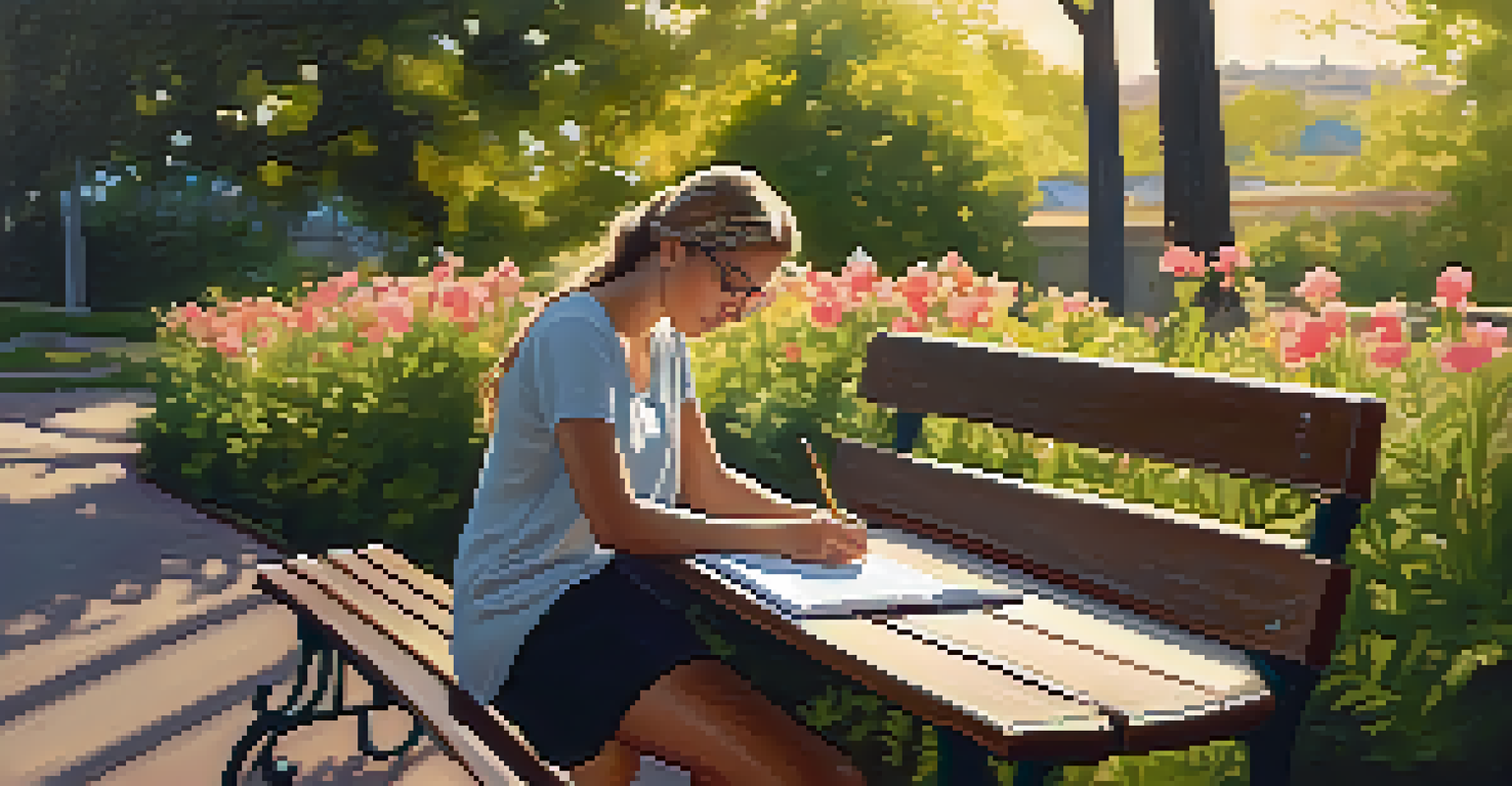A person writing in a learning journal on a park bench in a flower-filled park during golden hour.