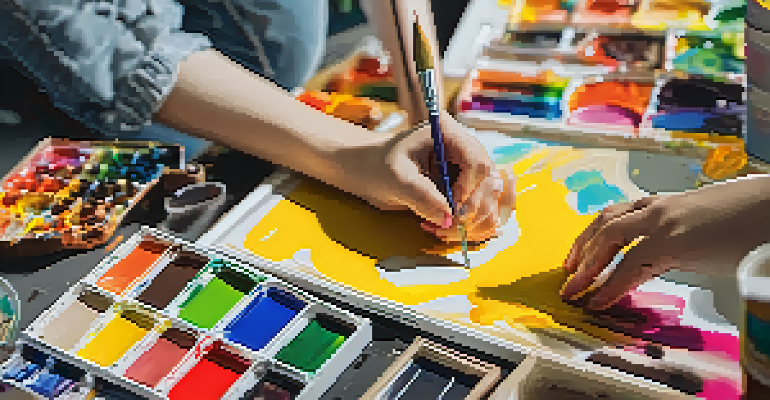 A student's hands painting on a canvas in a colorful art studio filled with art supplies.