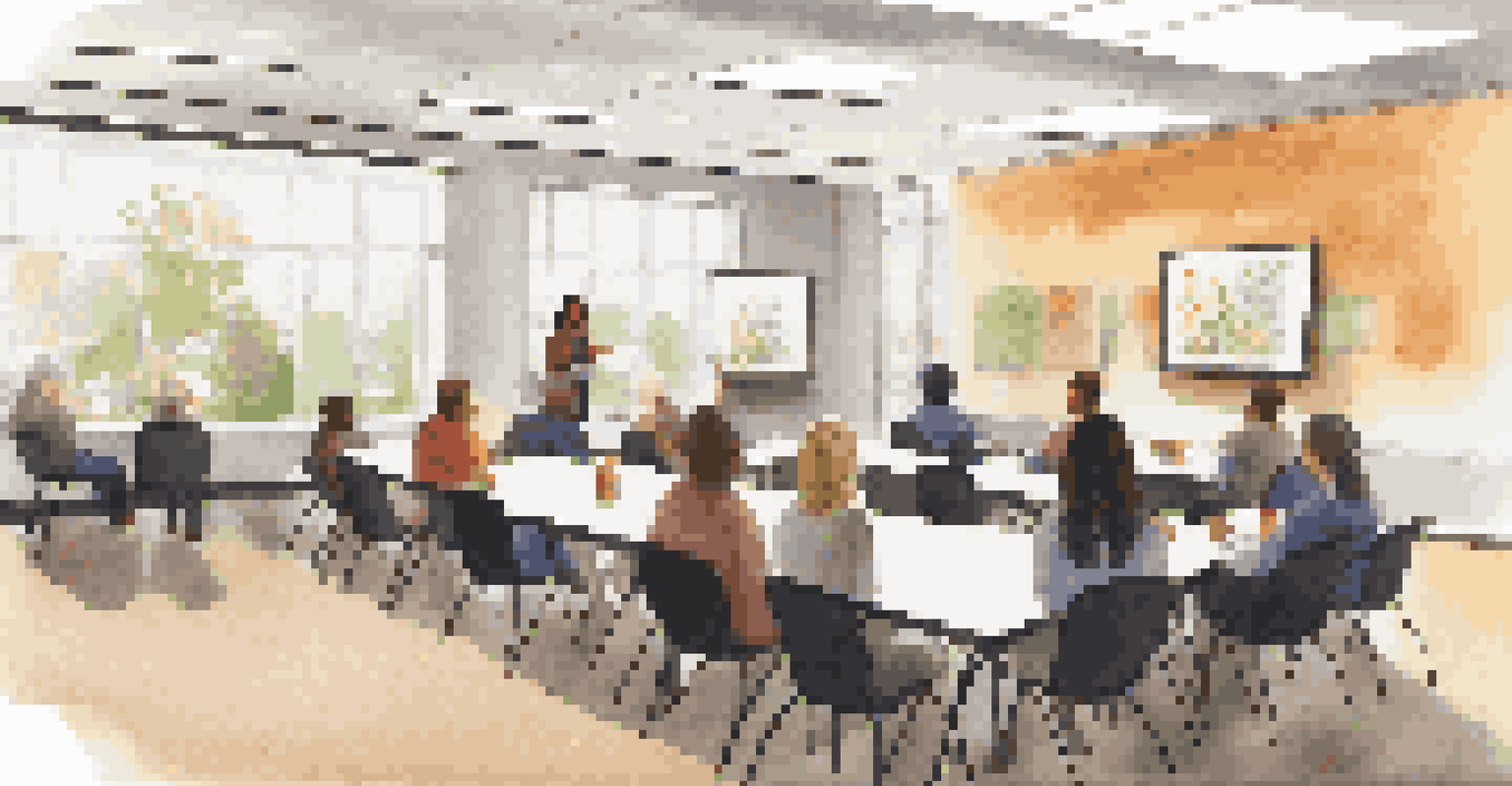A workshop setting with teachers collaborating in a flexible seating arrangement, focused on student-centric learning strategies, with a large screen in the background.